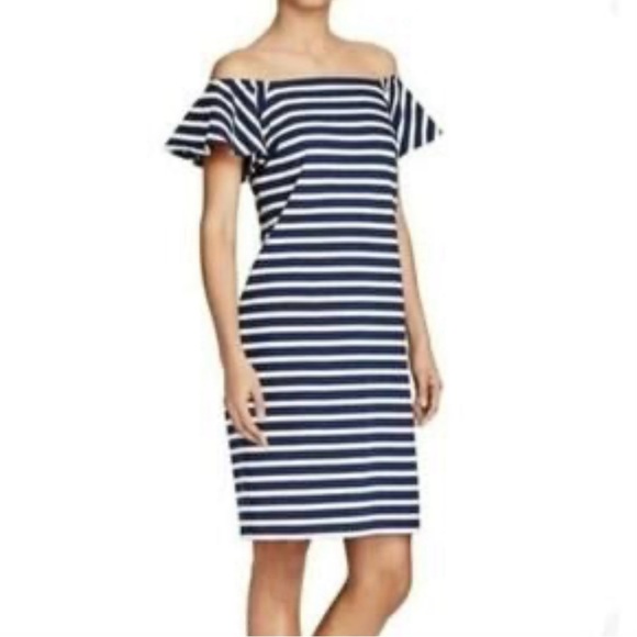 Lauren Ralph Lauren Off-Shoulder Navy and White Midi Dress Size S - Picture 1 of 11